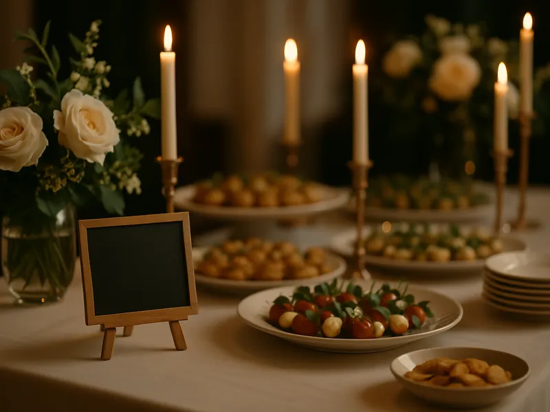 Elegant eingedeckter Catering-Tisch mit Kerzen und einer Kreidetafel