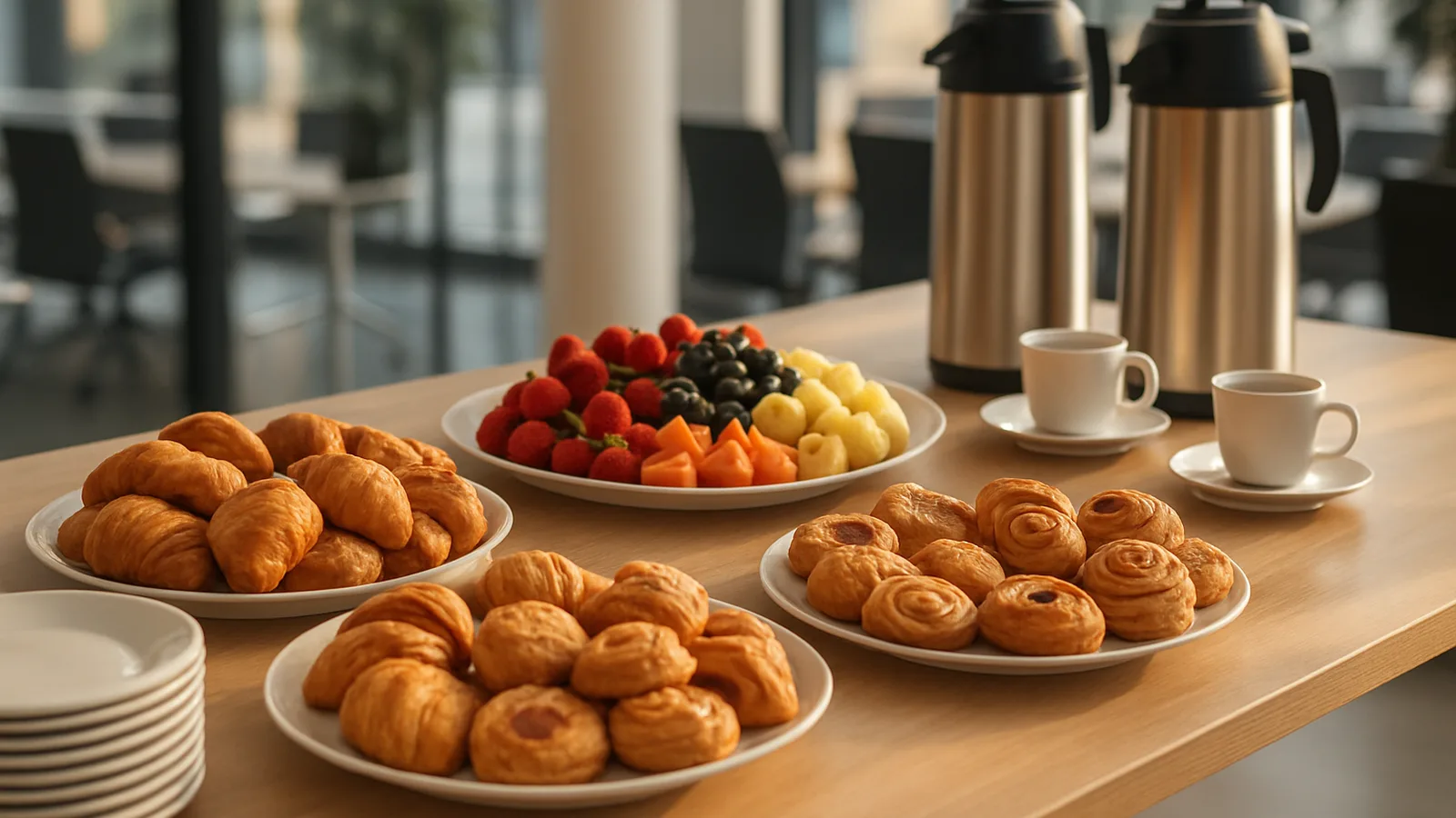 Elegantes Business-Frühstücksbuffet mit Gebäck und Obst