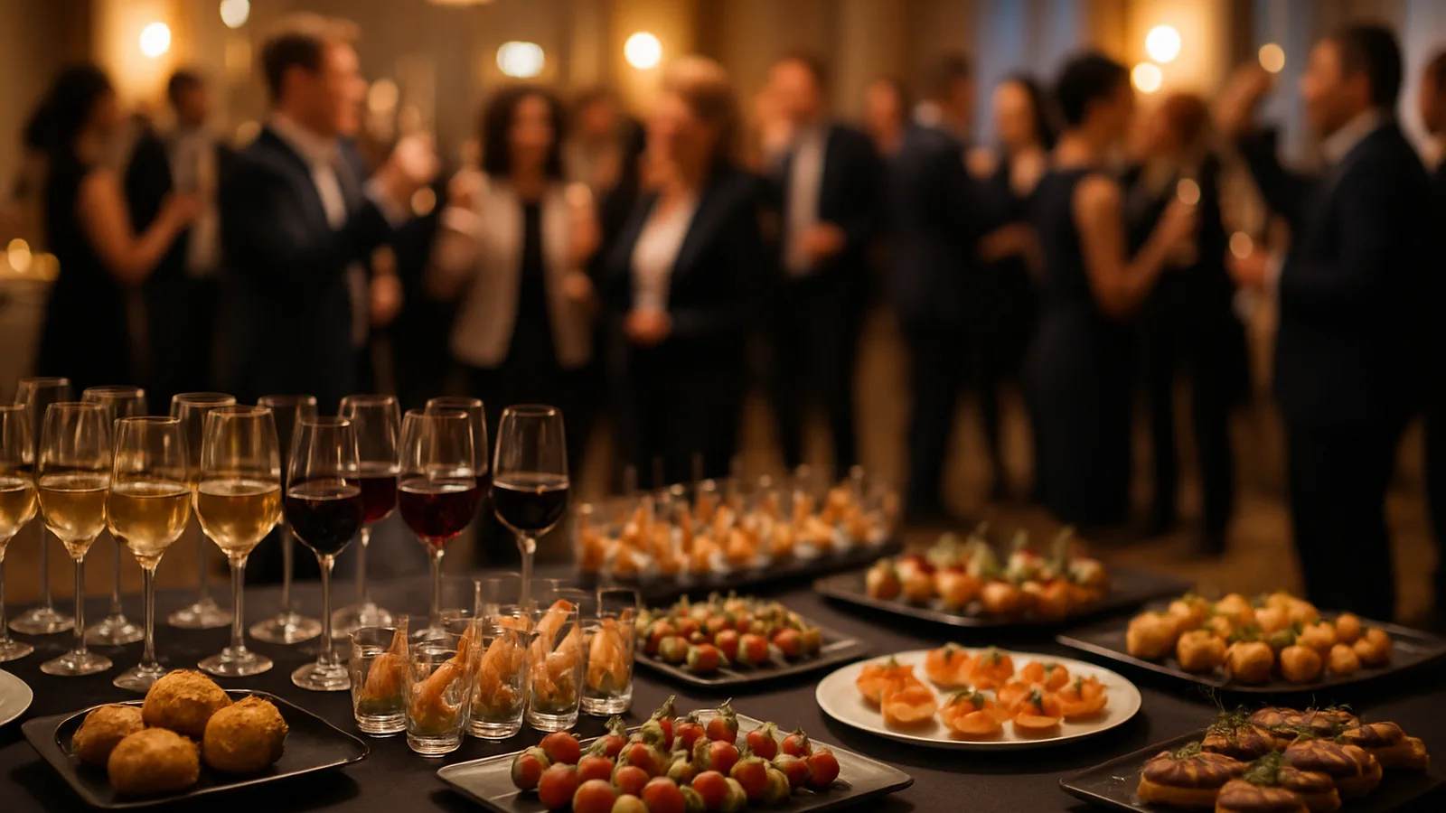 Stilvolles Buffet mit Fingerfood und Getränken bei einer Firmenfeier
