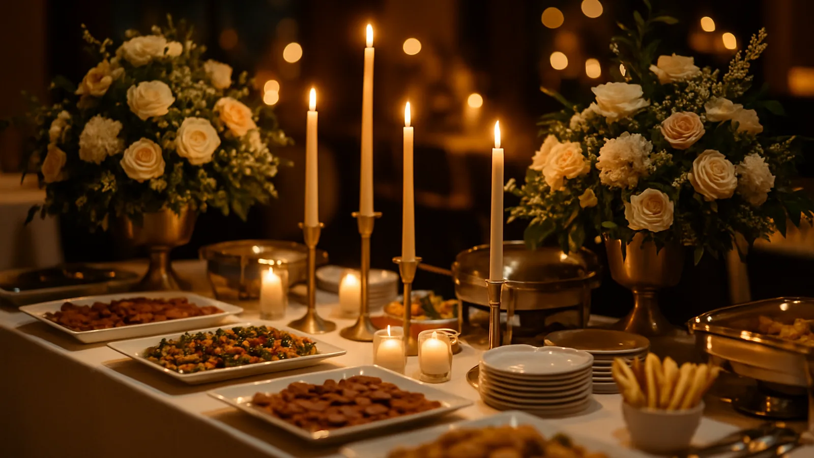 Festlich gedecktes Buffet mit Blumenschmuck für ein Firmenjubiläum