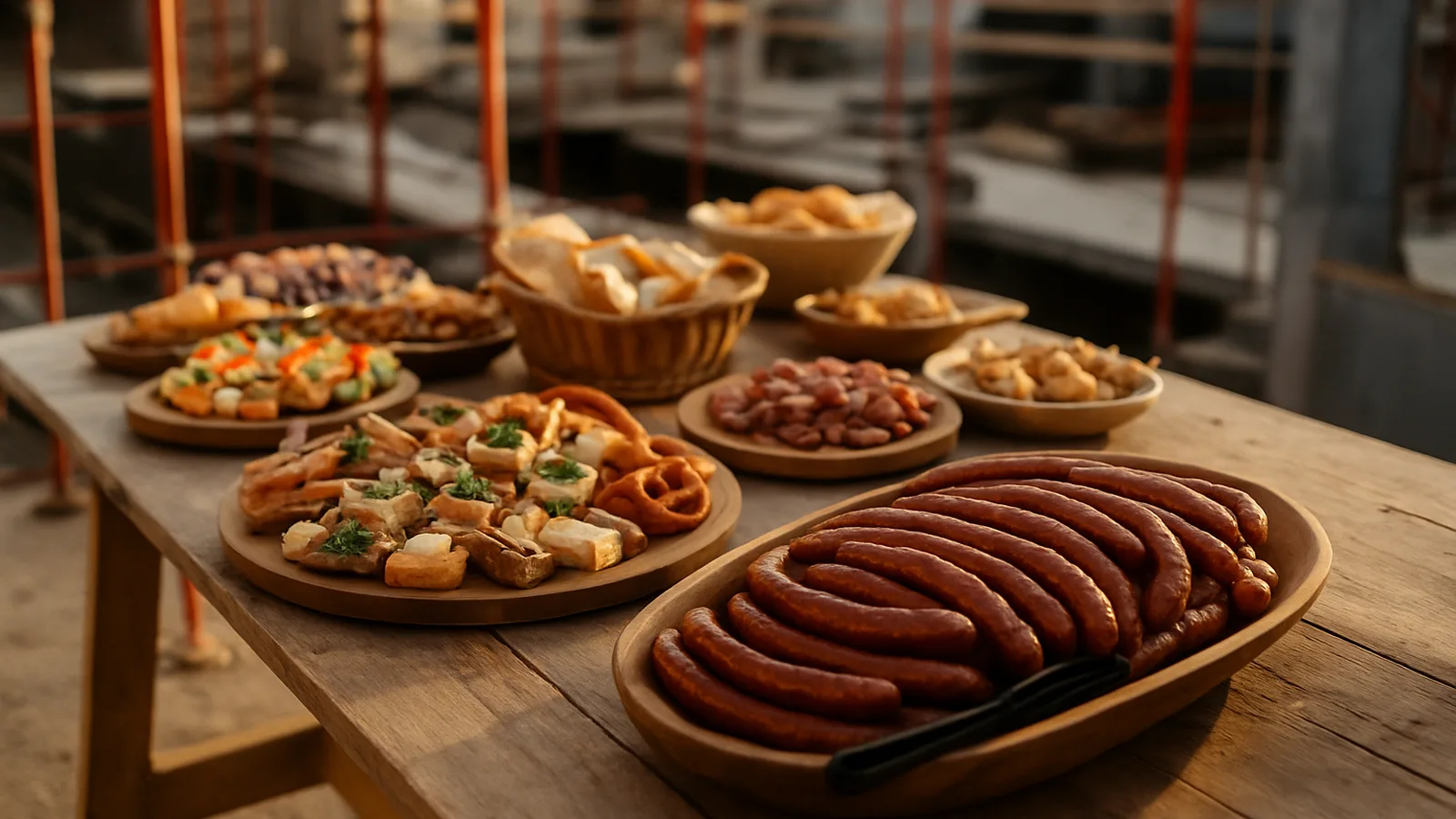 Deftiges Catering-Buffet auf einer Baustelle beim Richtfest