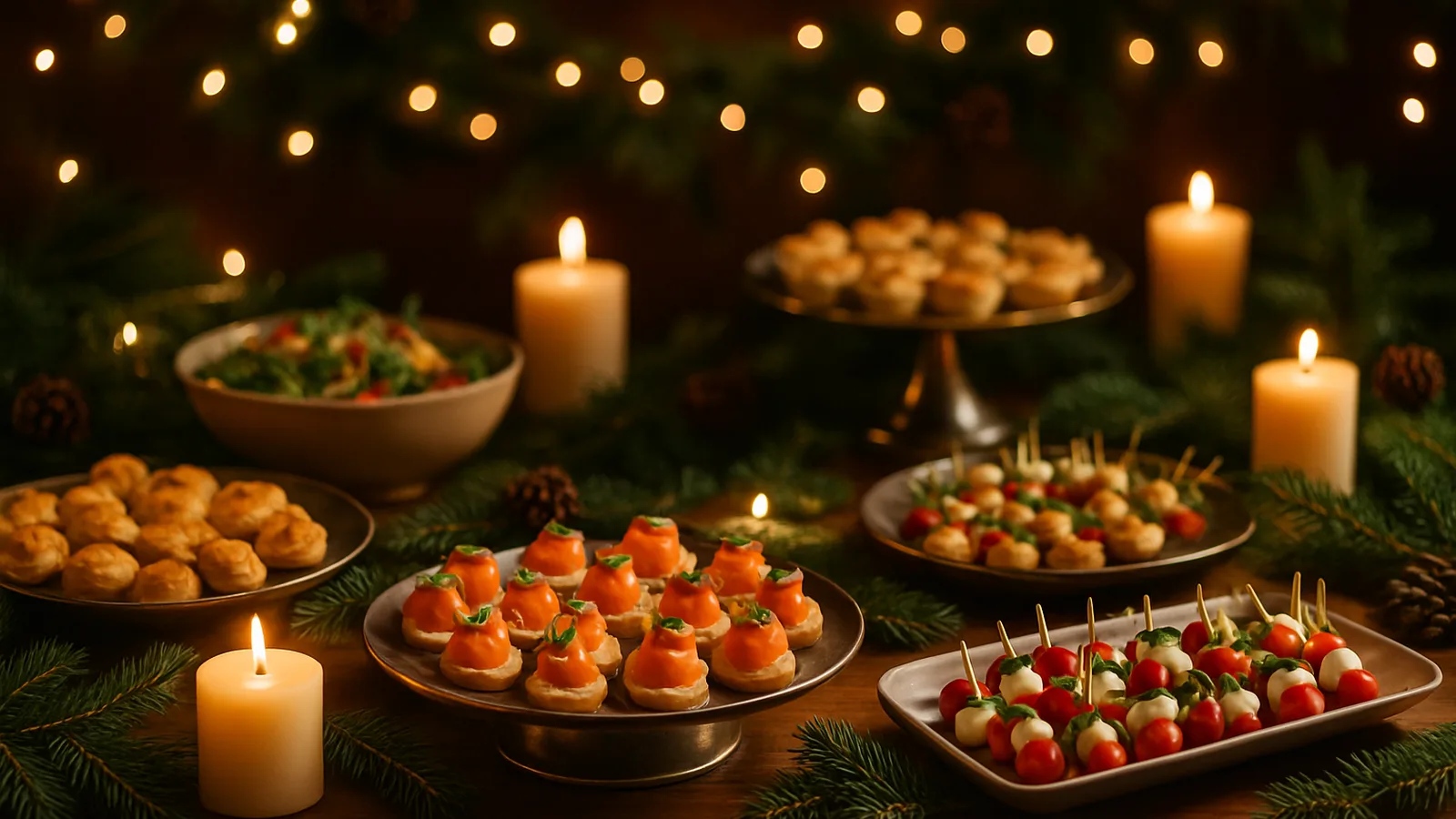 Festlich dekoriertes Weihnachtsbuffet mit Lichterketten und Kerzen