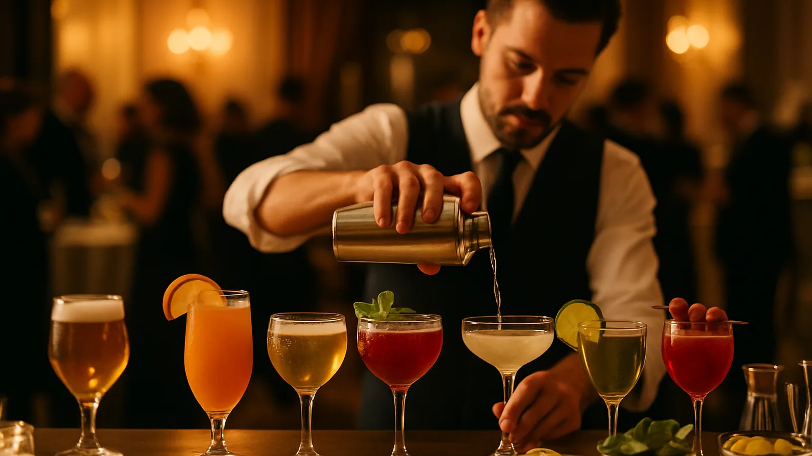 Elegante Cocktailbar mit bunten Drinks bei einem Empfang