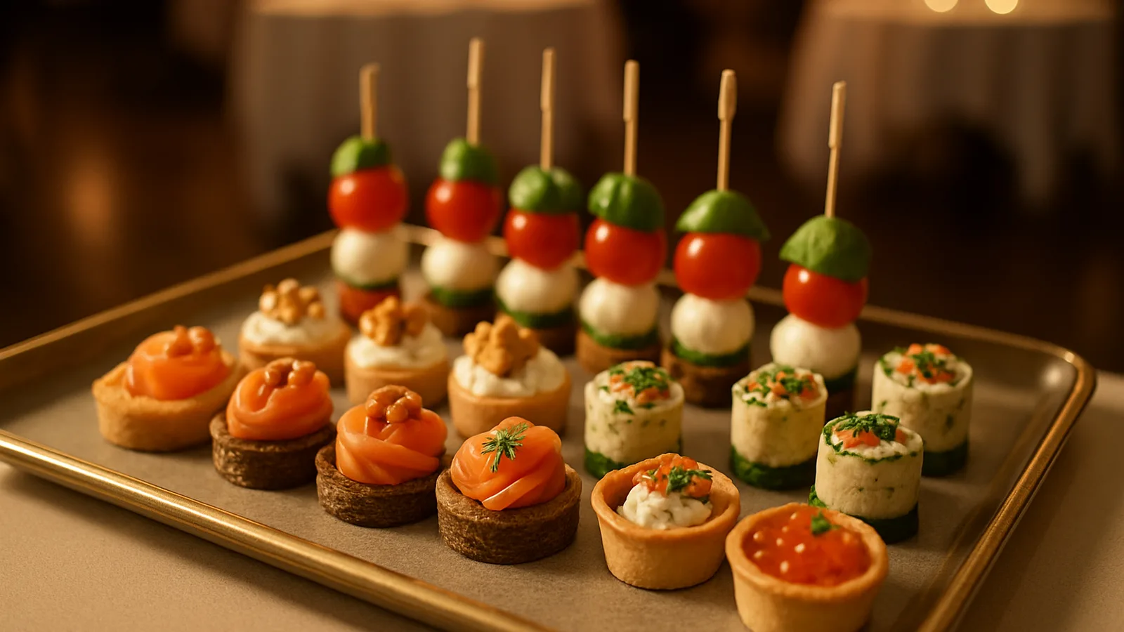 Elegante Etagere mit ausgewähltem Fingerfood und Canapés