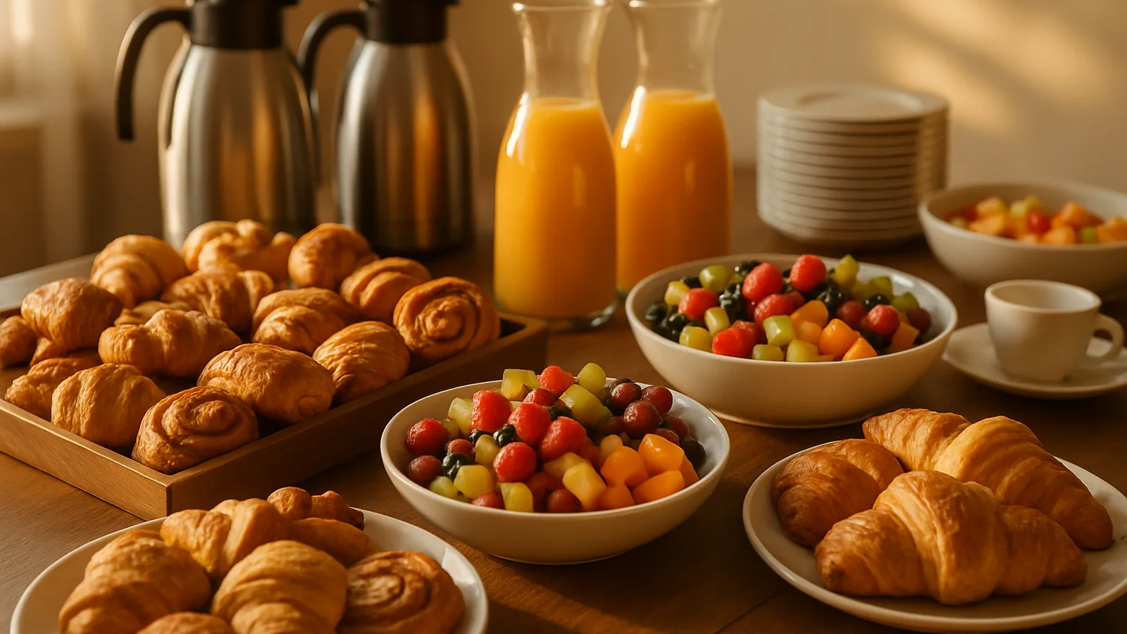 Reichhaltiges Frühstücksbuffet mit Gebäck, Obst und Kaffee