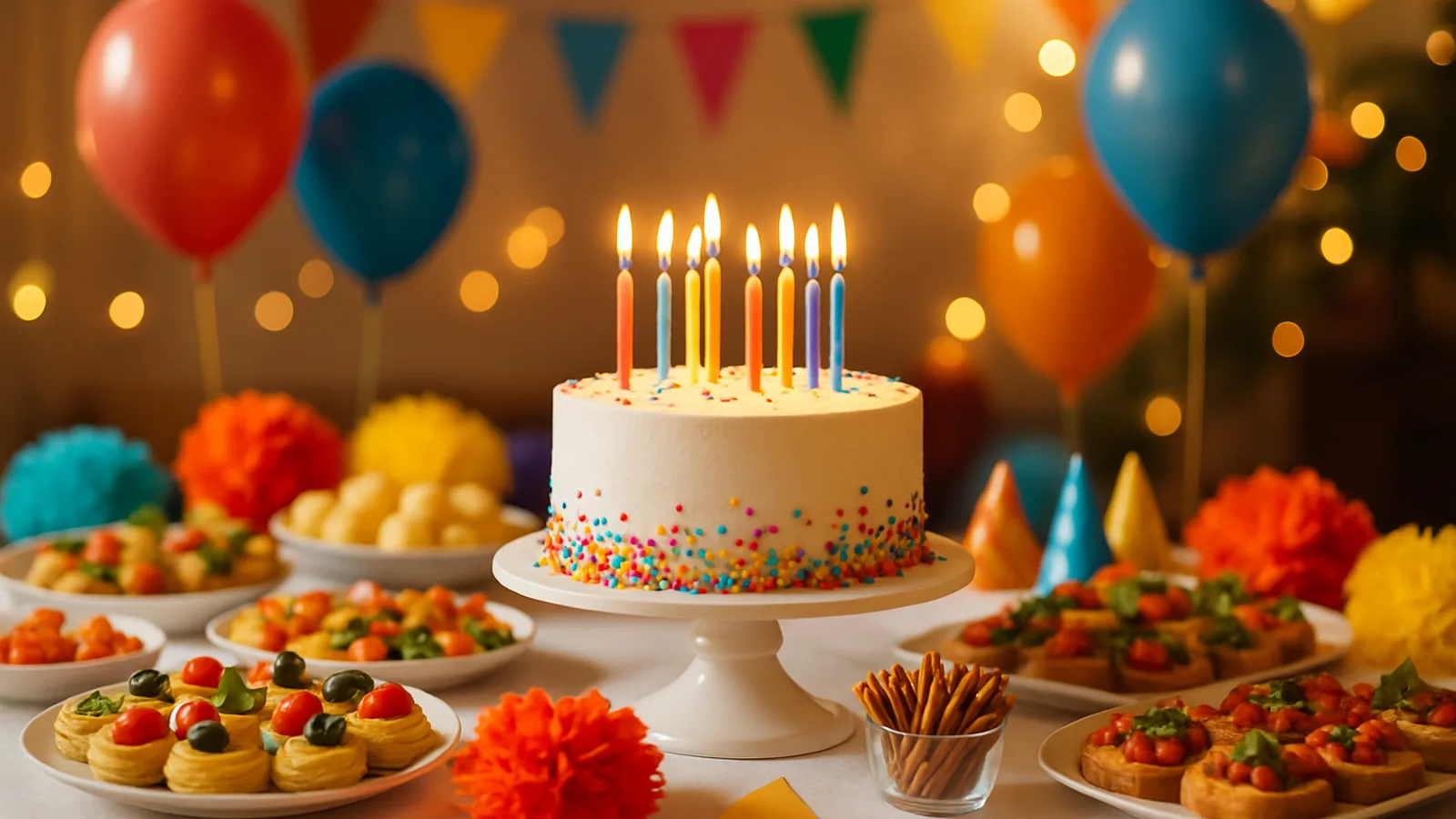 Bunt dekoriertes Geburtstagsbuffet mit Torte und Fingerfood