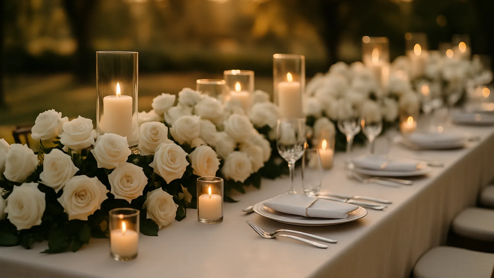 Elegant gedeckter Hochzeitstisch mit weißen Rosen und Kerzen