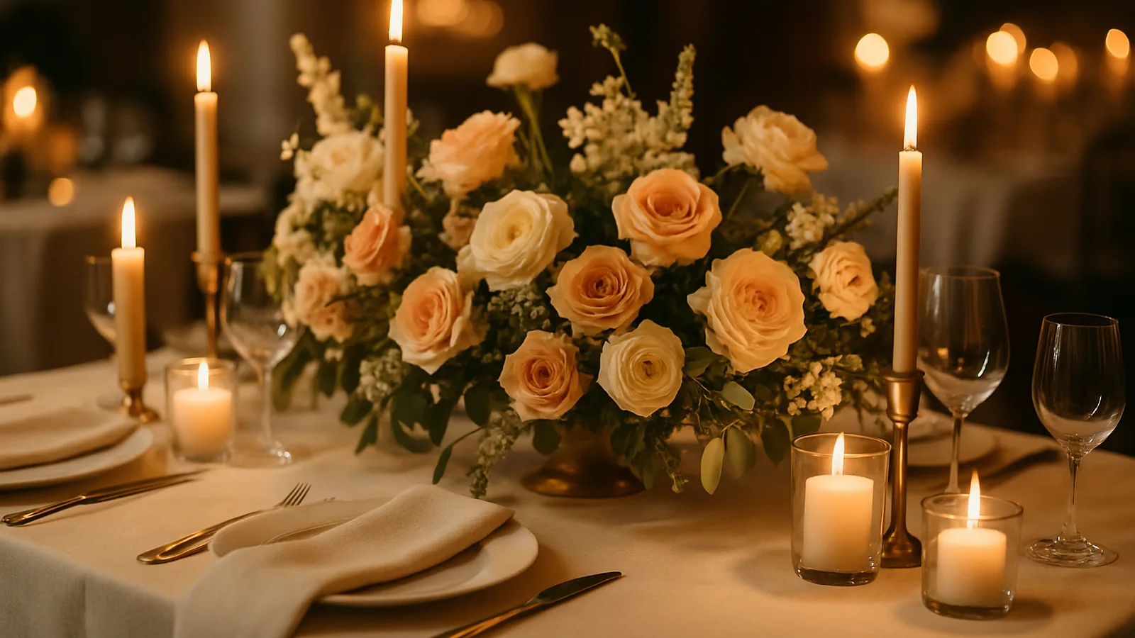 Stilvolle Tischdekoration mit frischen Blumen und Kerzen