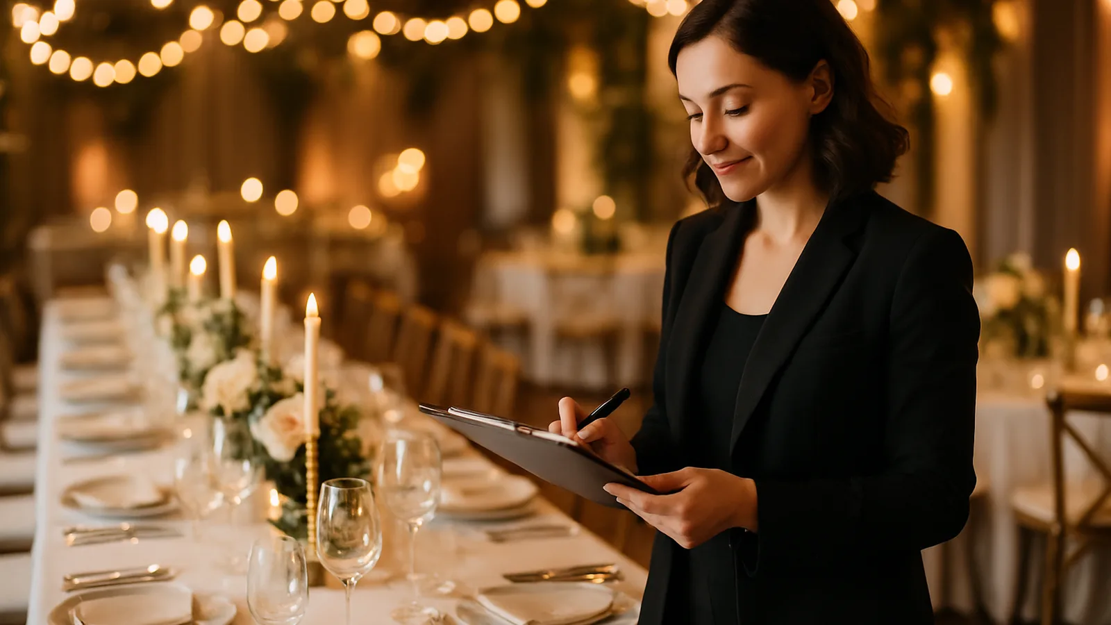 Eventplanerin bei der Feinabstimmung einer festlich gedeckten Location