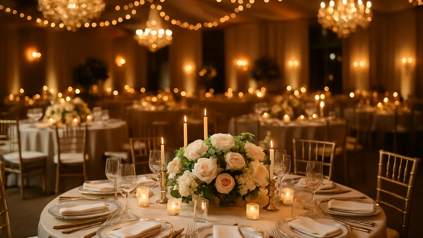 Elegant dekorierte Event-Location mit festlich gedeckten Tischen