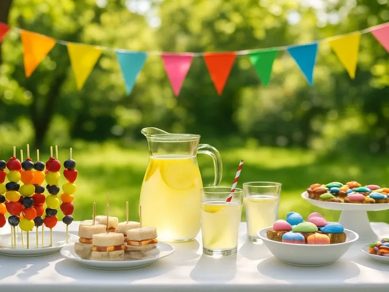 Buntes Kindergeburtstags-Buffet mit dekorierter Torte und Obstspießen